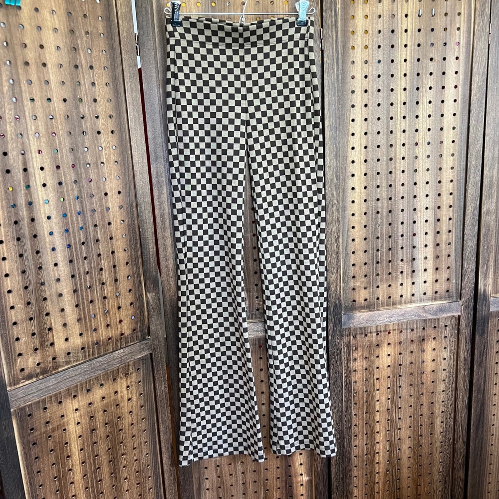Urban Outfitters Brown Checkerboard Knit Pull On Flare Pants Size XS